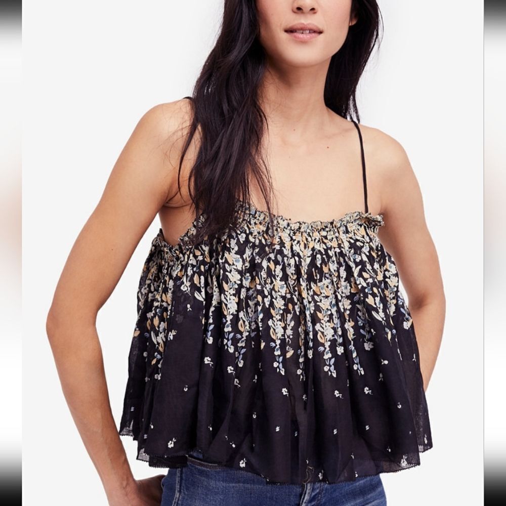Free People Top Instant Crush Camisole Floral Print Black Yellow Small Petite